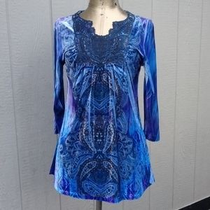 World Unity Soft Print Tunic TOP BLUE PURPLE Lace Embroidered Limited Quantities